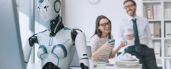 Efficient AI robot working and lazy employees