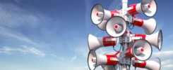 Megaphones and ublic speakers on a pole. Announcement, warning, promotion concept.