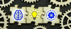 puzzle with brain, idea and management icons.