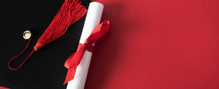 Top view of diploma with beautiful bow and graduation cap with tassel on red background