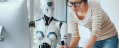 Woman and AI robot working together