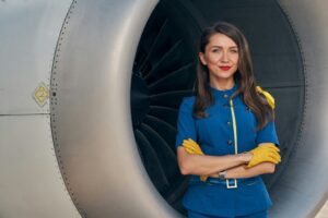 Serene stewardess with loose hair looking at the camera