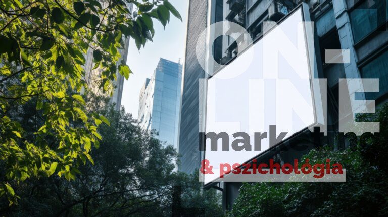 A reklámok befolyása Blank advertising billboard surrounded by modern urban buildings and greenery.