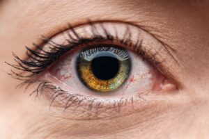 close up view of human brown and green colorful eye with eyelashes