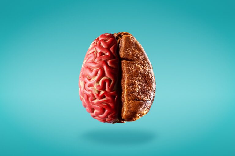Implicit elméletek és termékjellemzők összefüggései Creative brain stimulation concept. Half a human brain with half a coffee bean on a blue background.