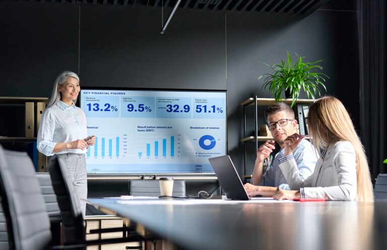 Adatelemzés és fogyasztói pszichológia: Big Data korszak Mid age Asian female ceo presenting data to colleagues on big screen in office.