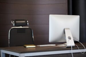 Modern workplace. Office work place for designer. Minimal desktop area for productive work