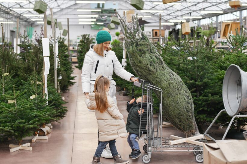 Mother and children buy a christmas tree at the market