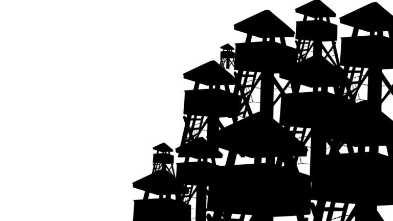 Szun-Ce öröksége – Miért releváns ma is? old wooden prison watchtower, war concept, restricted area, military facility, silhouette on white b