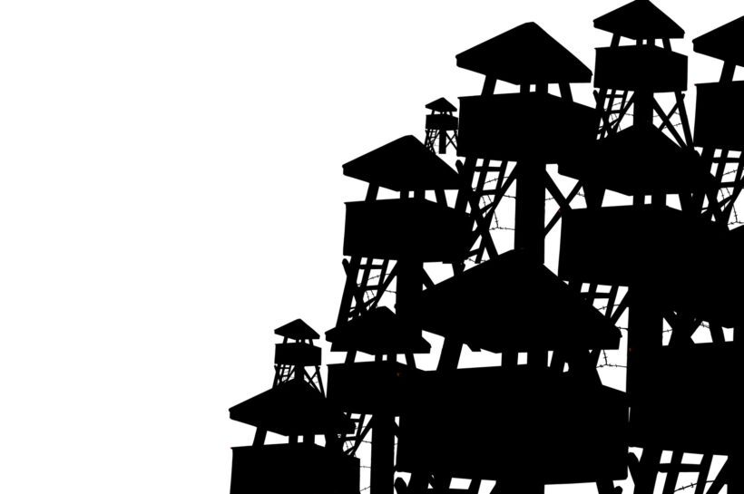 old wooden prison watchtower, war concept, restricted area, military facility, silhouette on white b