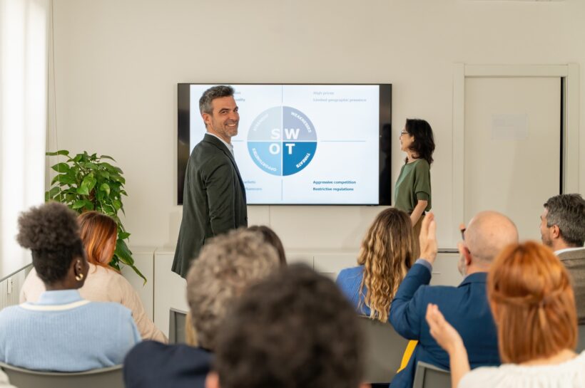 SWOT analysis presentation diverse team collaboration business strategy meeting.