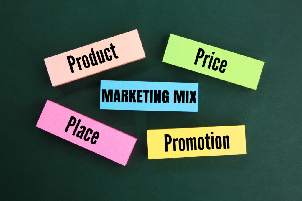 colored paper with marketing mix ie product, price, place, and promotion.