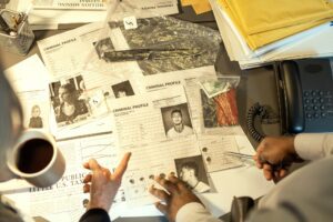 Hands of two interracial FBI agents pointing at profile killer or bandit