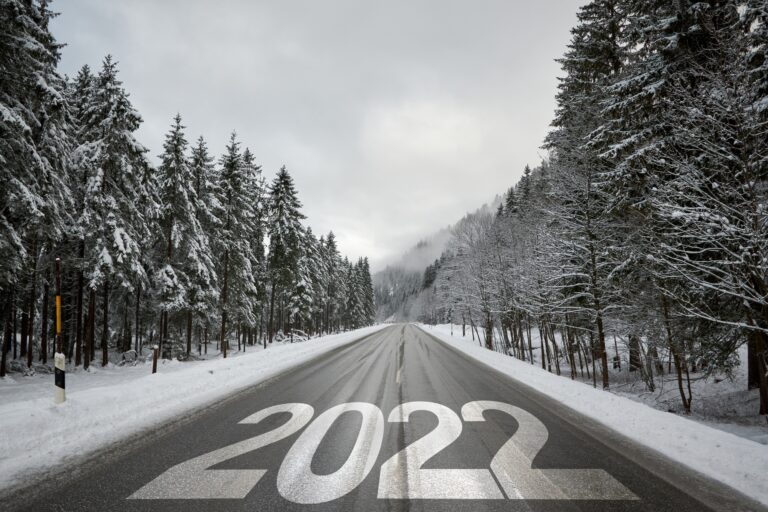 Number 2022 on empty open road through forest in winter.