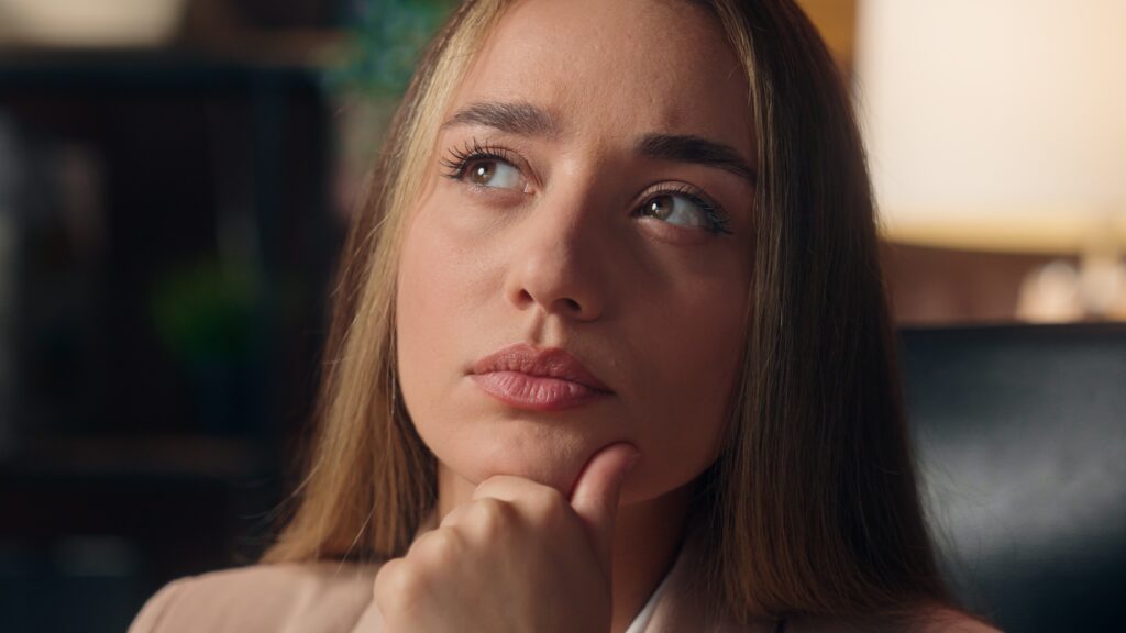 Pensive thoughtful Caucasian specialist business woman leader boss businesswoman office worker