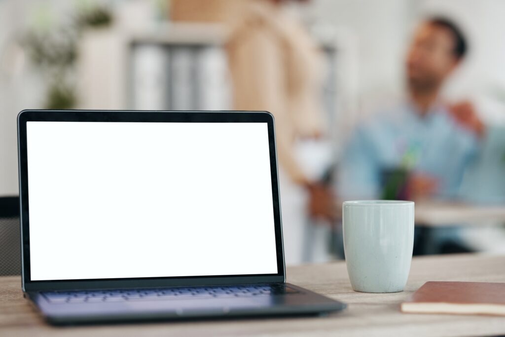 Business, office laptop and mockup screen for marketing copy space, advertising website or brand pr